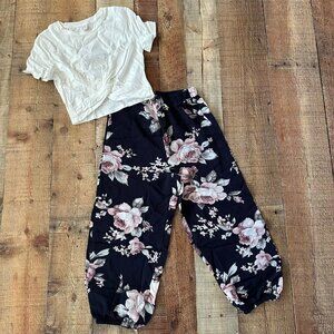 Shein Kids Girls Navy Blue Floral Pants with Short Sleeve Cropped Top -10Y